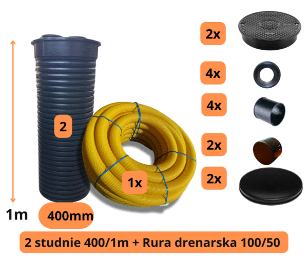 Zestaw drenarski 100/50 pełna z dwoma studniami 400 mm (1 m)